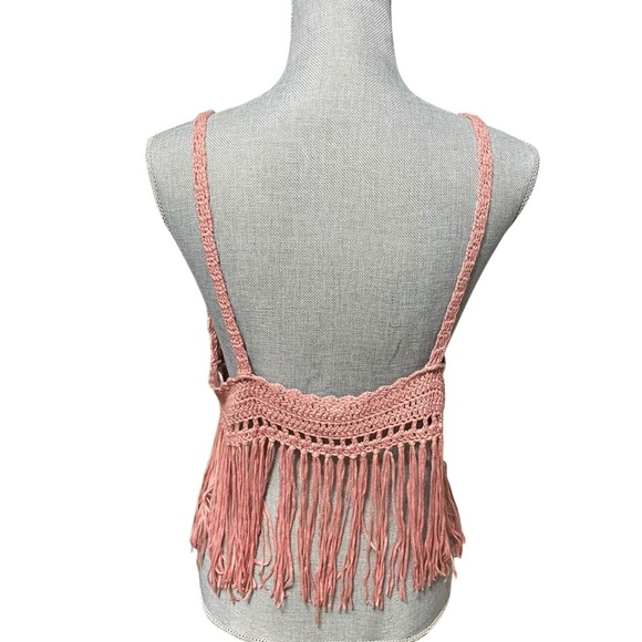 POL Crochet Fringe Crop Top Bralette – Boho Festival Tank, Dusty Rose Pink, Sz L - Picture 4 of 13